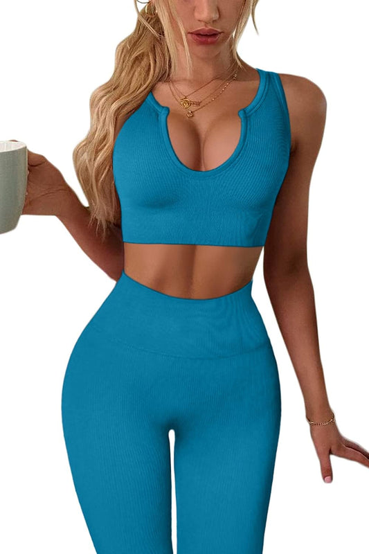 QINSEN Women'S Yoga Workout Outfits 2 Piece High Waisted Leggings with Sports Bra Gym Clothes Sets Light Blue S