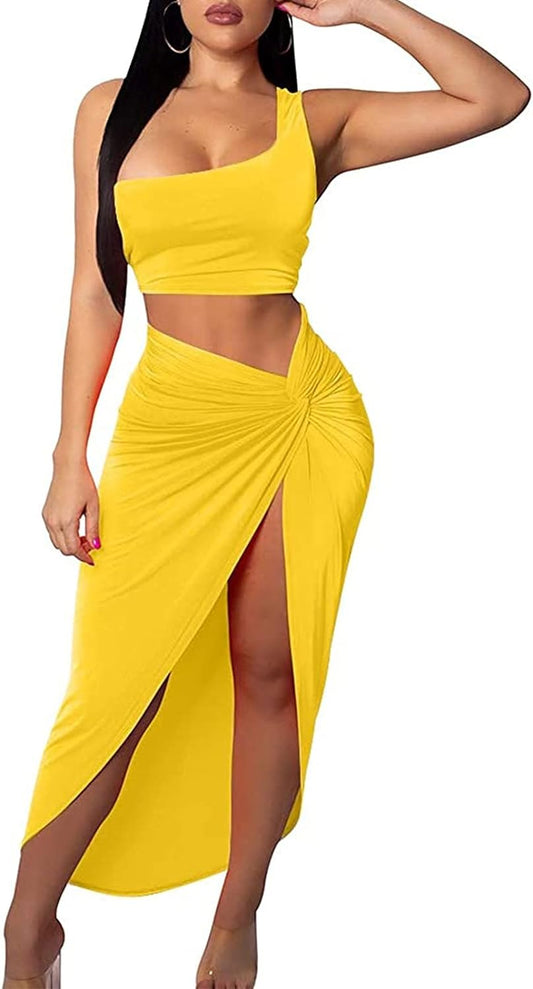 FANDEE Bodycon Dress for Women Sexy One Shoulder Two Piece Outfits Slit Skirt