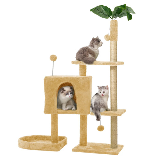 Cat Tree,52" Cat Tower for Indoor Cats, Cat Tree with Scratching Posts Plush Perch Stand, Cat Condo with Funny Toys Kittens Pet Play House,Beige